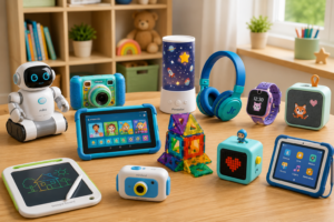 Selección de los mejores gadgets para niños disponibles en Amazon España, incluyendo robots educativos, cámaras infantiles, relojes inteligentes, reproductores de cuentos y juguetes tecnológicos para aprender y divertirse.