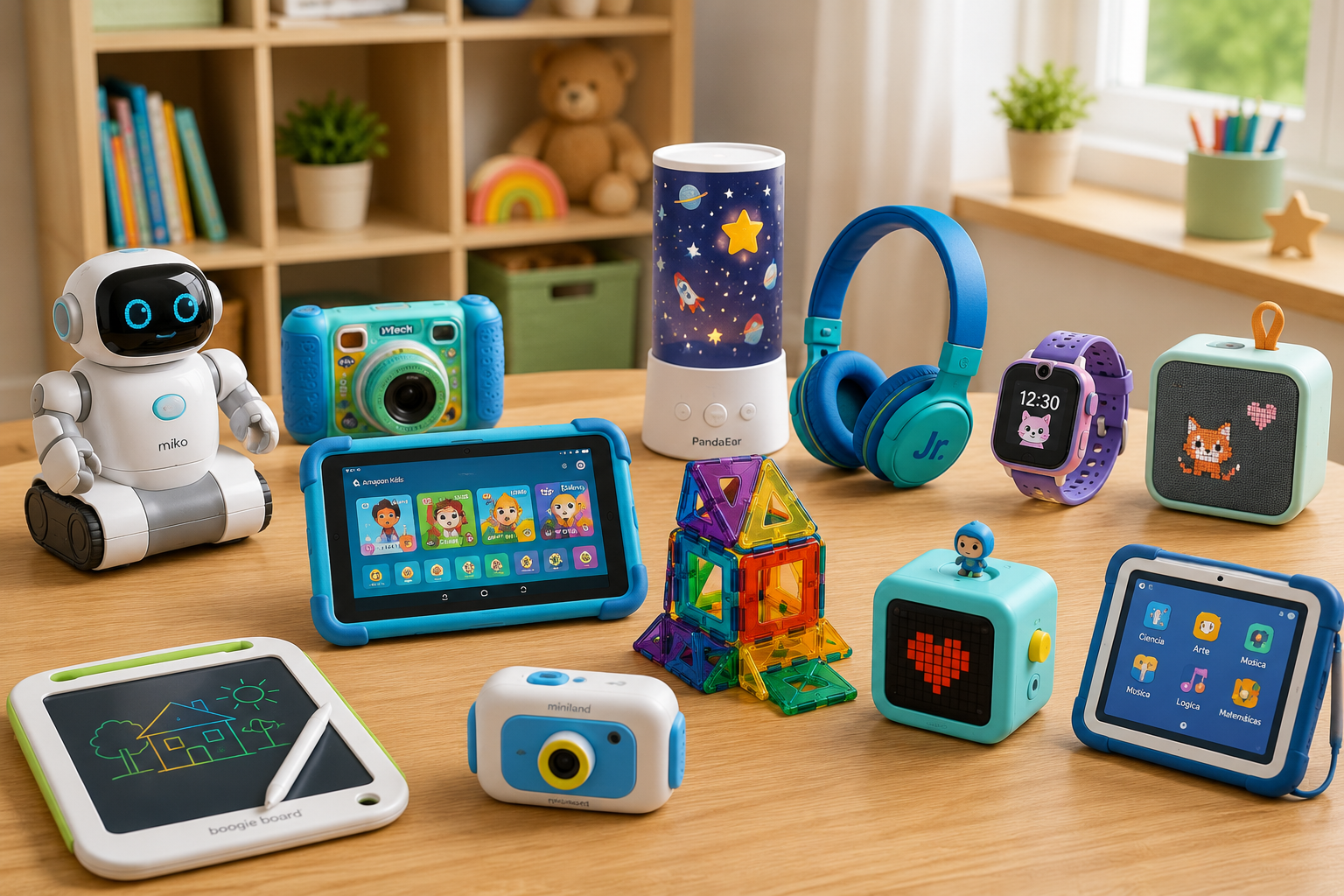 Selección de los mejores gadgets para niños disponibles en Amazon España, incluyendo robots educativos, cámaras infantiles, relojes inteligentes, reproductores de cuentos y juguetes tecnológicos para aprender y divertirse.