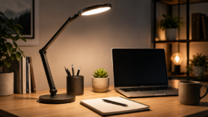Escritorio moderno con una lámpara LED de diseño iluminando una zona de trabajo con ordenador, teclado y accesorios. Selección de las mejores lámparas de escritorio disponibles en Amazon España para estudiar, teletrabajar y leer cómodamente.