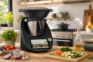 Robot de cocina multifunción con jarra de acero inoxidable rodeado de ingredientes frescos