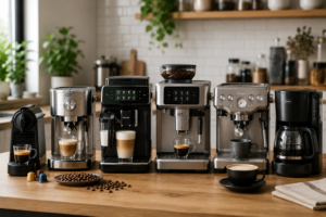 Cocina moderna con varias cafeteras de diferentes tipos, incluyendo modelos superautomáticos, espresso y de cápsulas, sobre una encimera de madera. Guía de las mejores cafeteras disponibles en Amazon España para todos los presupuestos y estilos de café.