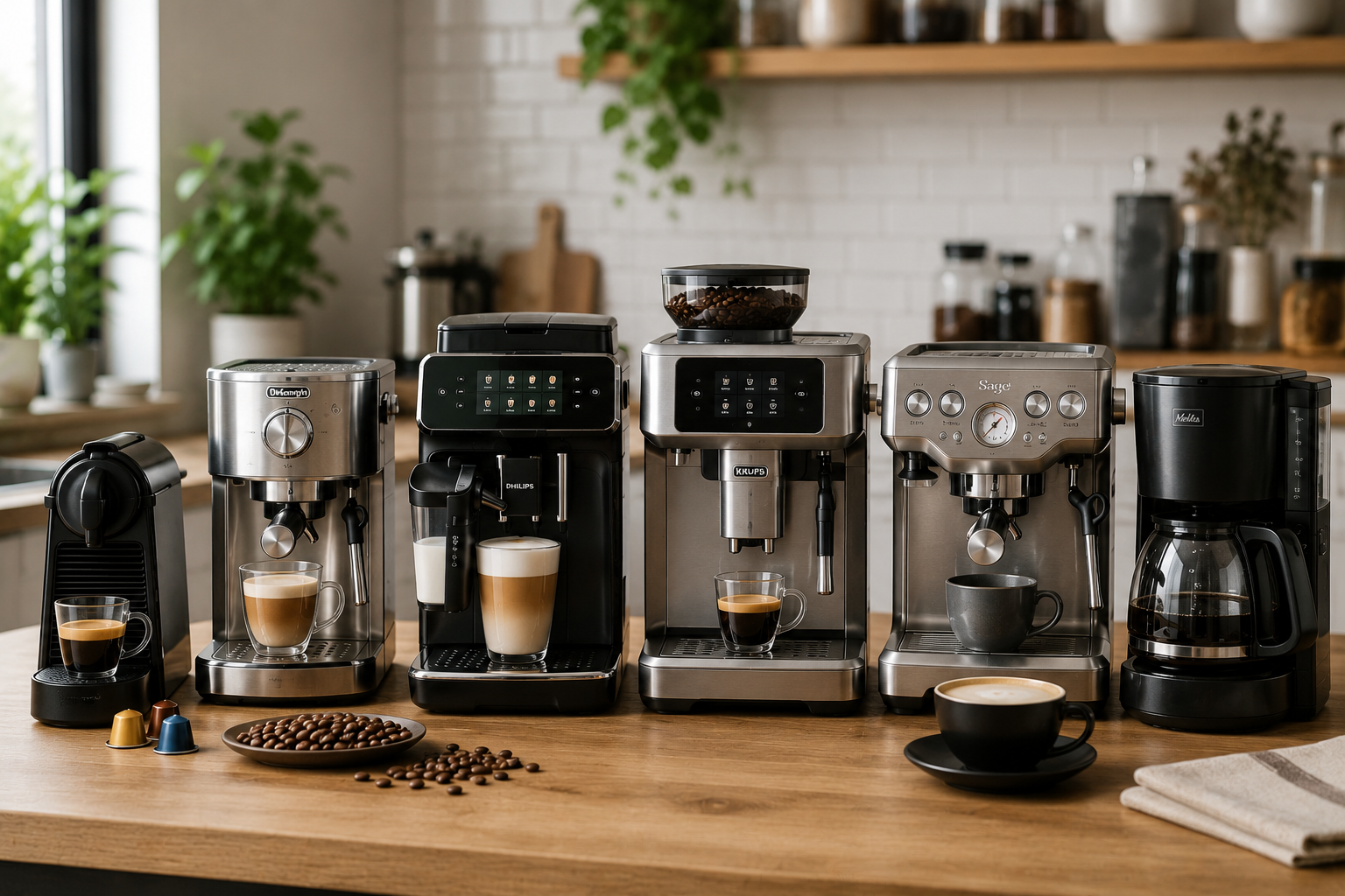 Cocina moderna con varias cafeteras de diferentes tipos, incluyendo modelos superautomáticos, espresso y de cápsulas, sobre una encimera de madera. Guía de las mejores cafeteras disponibles en Amazon España para todos los presupuestos y estilos de café.