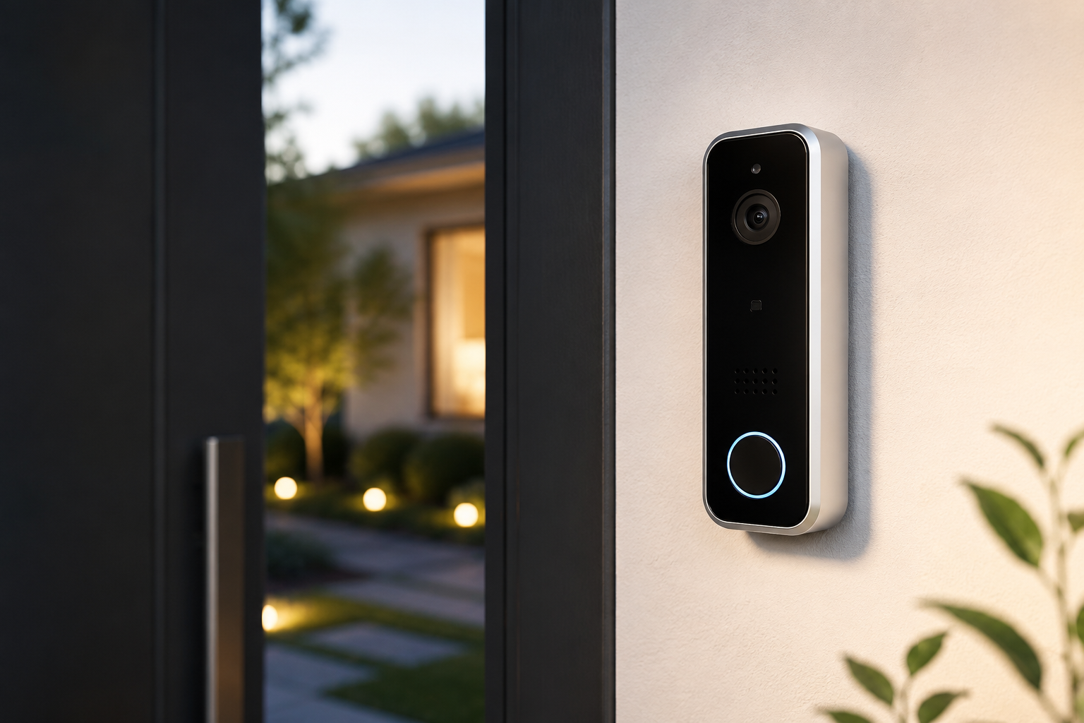 Cámara de seguridad WiFi moderna instalada junto a la puerta de entrada de una casa luminosa