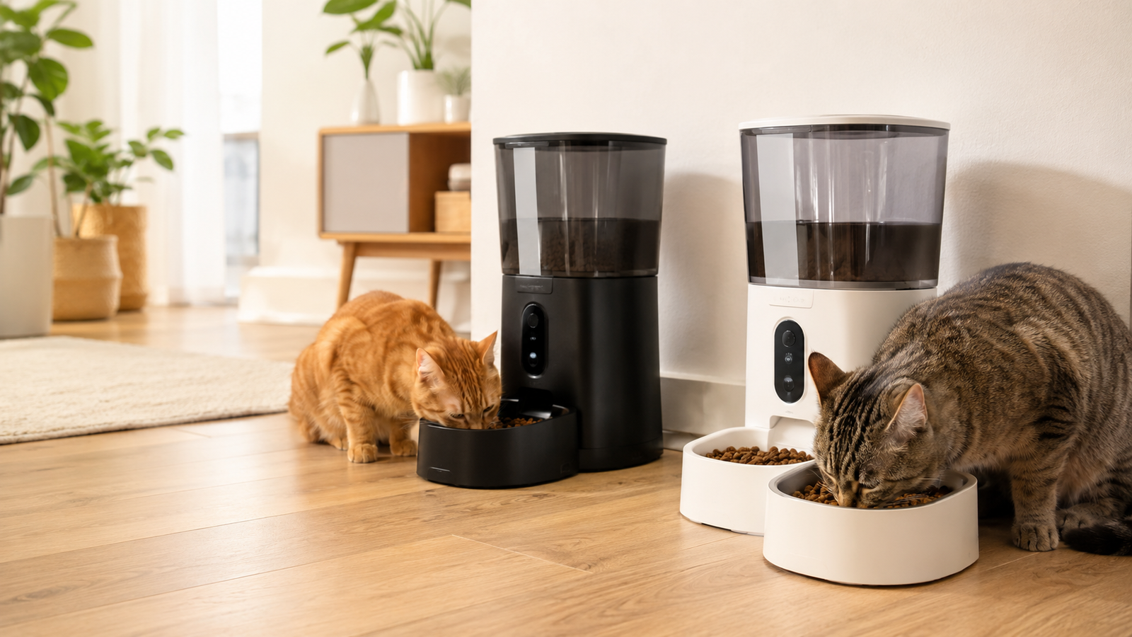 Dos gatos comiendo pienso en comederos automáticos dentro de una vivienda luminosa