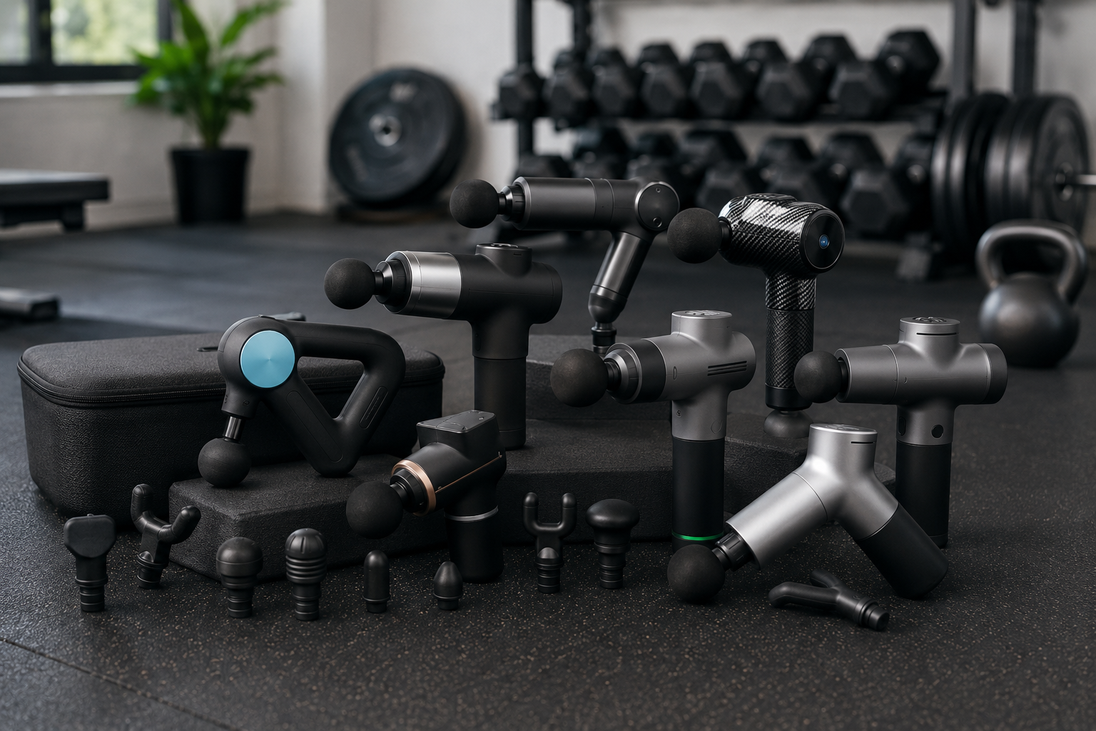 Varias pistolas de masaje de diferentes tamaños junto a accesorios de recuperación en un gimnasio