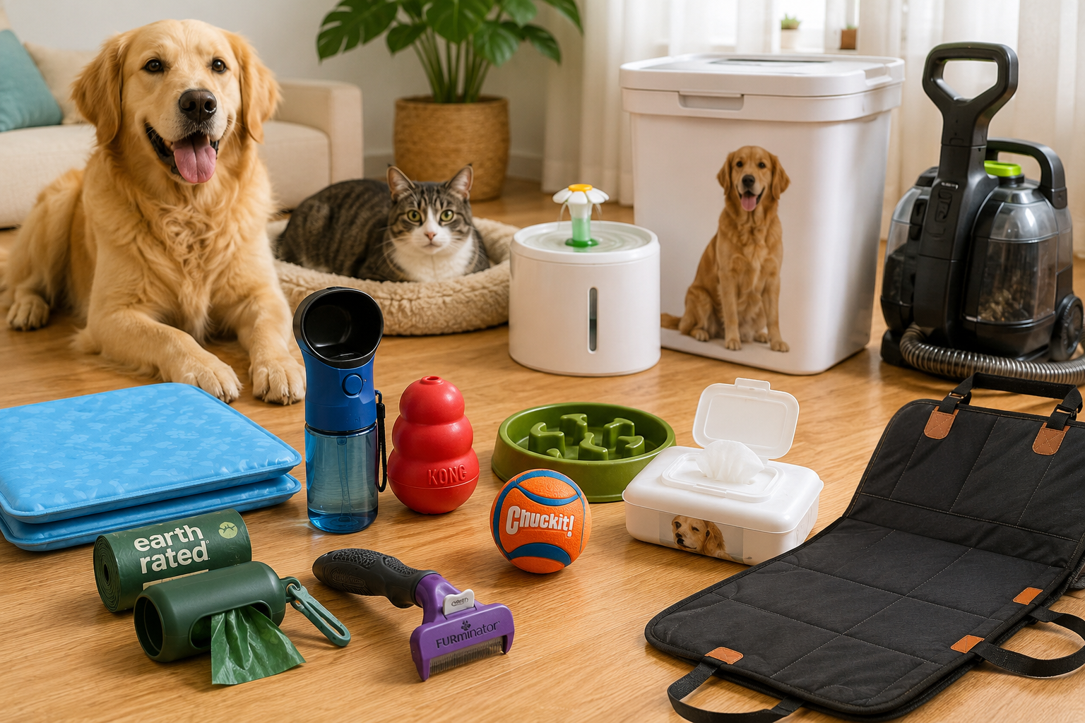 Selección de accesorios de verano para mascotas con juguetes, fuente de agua, alfombrilla refrescante y productos de limpieza