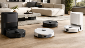 Robot aspirador inteligente limpiando un suelo de madera junto a su base de autovaciado