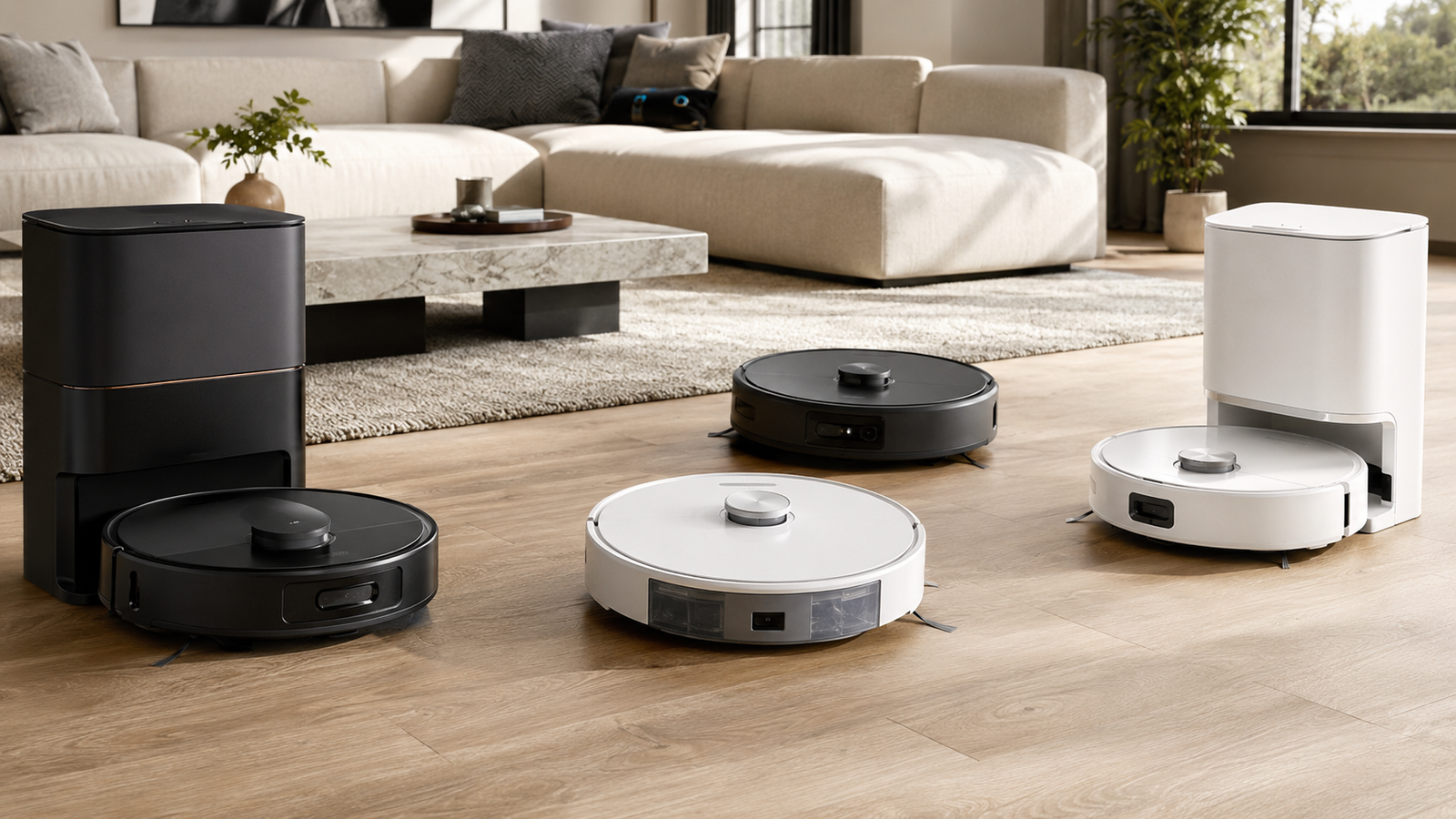 Robot aspirador inteligente limpiando un suelo de madera junto a su base de autovaciado