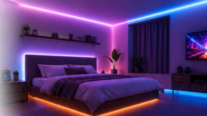 Varias tiras LED inteligentes de colores iluminando un dormitorio y un escritorio moderno