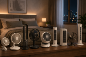 Varios ventiladores silenciosos de torre, pie y sobremesa colocados en un dormitorio moderno durante la noche