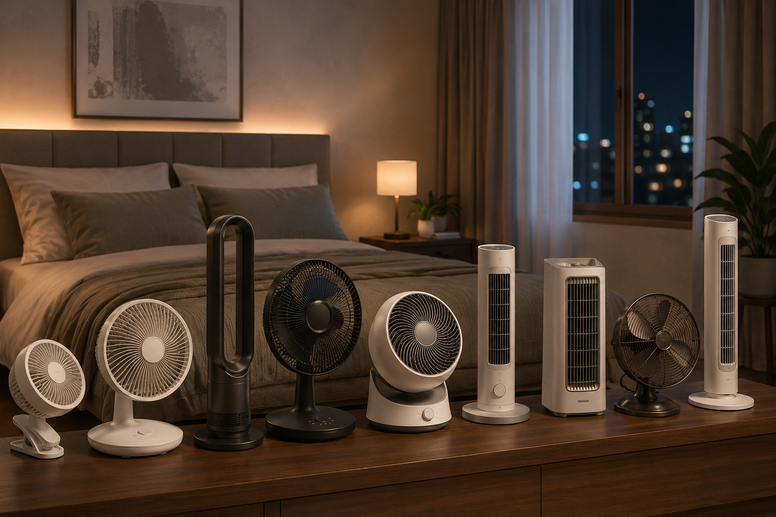 Varios ventiladores silenciosos de torre, pie y sobremesa colocados en un dormitorio moderno durante la noche