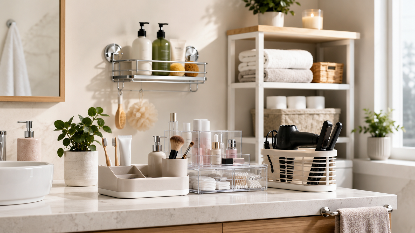 Baño moderno y perfectamente organizado con estanterías, organizadores para lavabo, accesorios de ducha y muebles auxiliares. Selección de los mejores organizadores para baño disponibles en Amazon España.