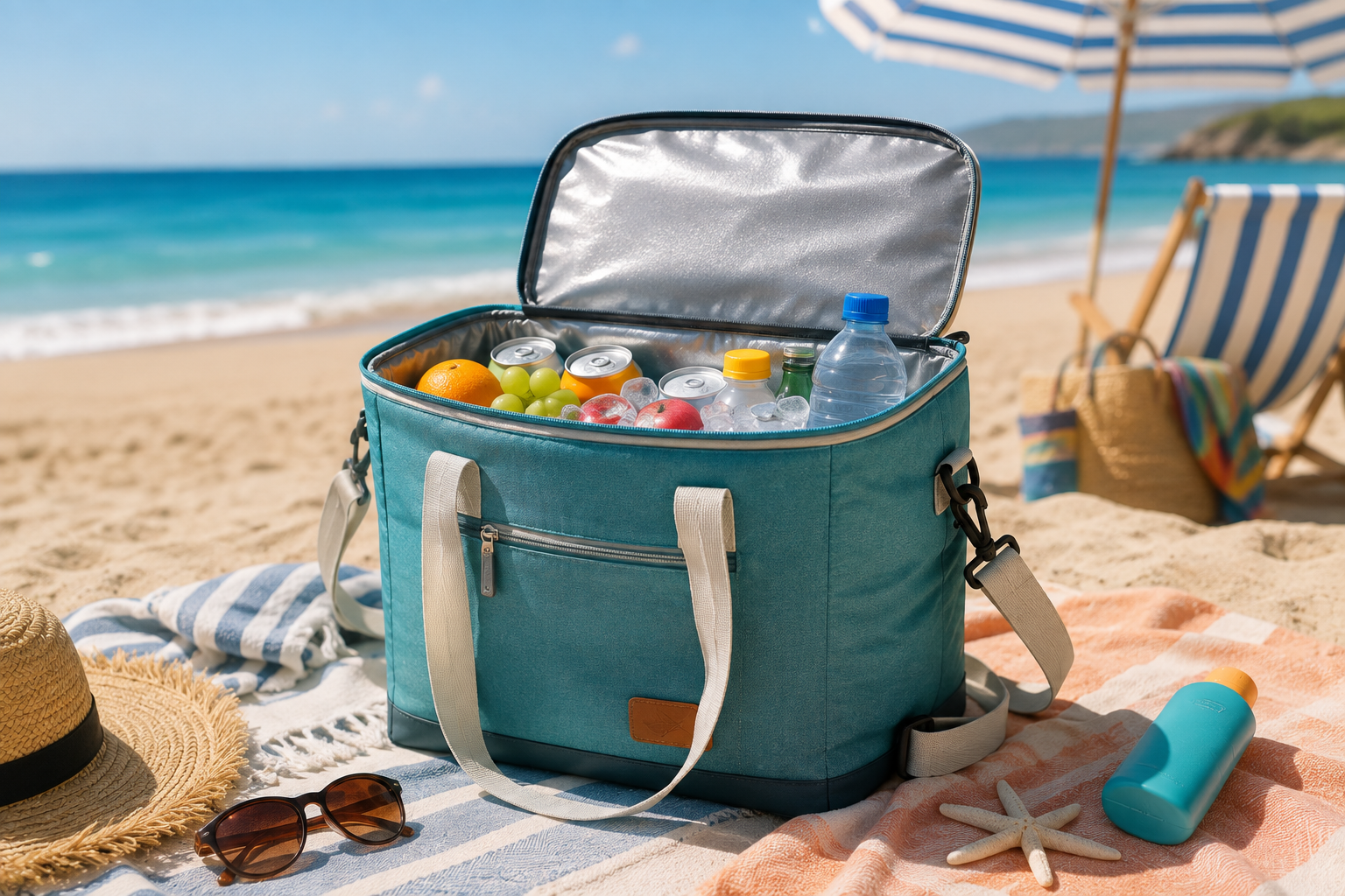 Bolsa térmica con bebidas y comida fría preparada para pasar un día en la playa