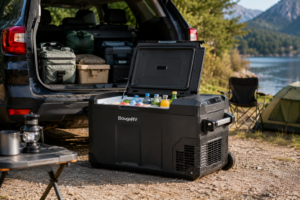 Nevera portátil eléctrica con compresor preparada para un viaje en coche y una escapada de camping