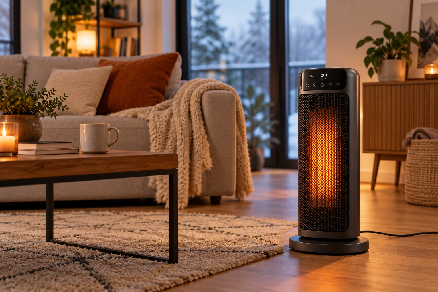 Calefactor cerámico eléctrico encendido en un salón moderno durante el invierno