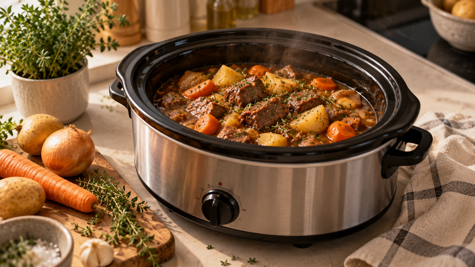 Olla de cocción lenta con un guiso preparado en una cocina moderna