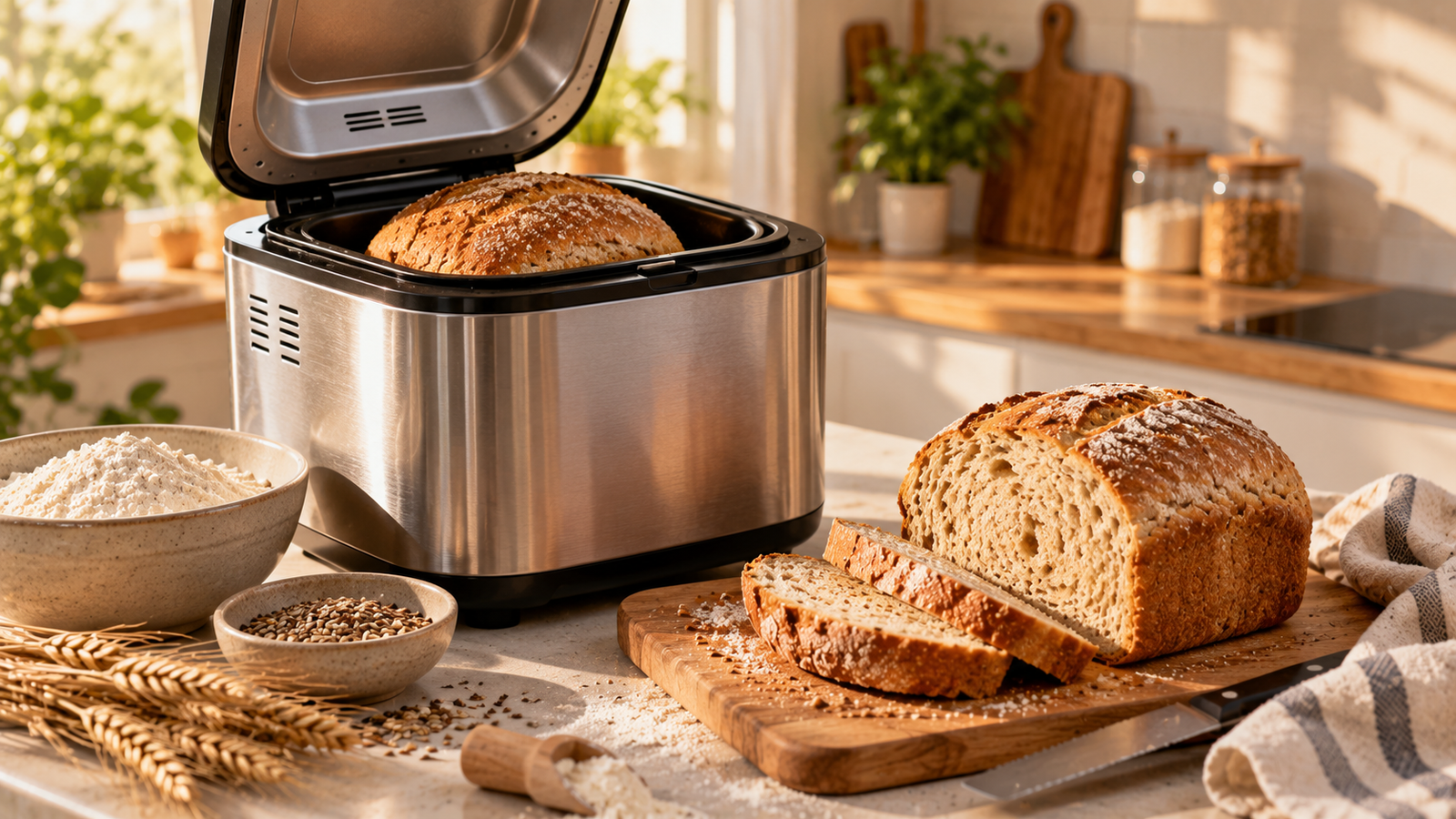 Panificadora automática con una hogaza de pan casero recién hecha en una cocina