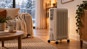 Radiador de aceite eléctrico utilizado para calentar un salón moderno en invierno