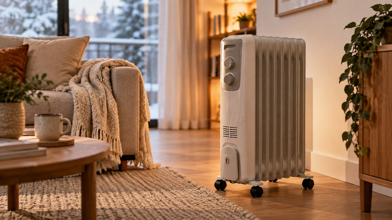 Radiador de aceite eléctrico utilizado para calentar un salón moderno en invierno