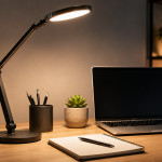 Escritorio moderno con una lámpara LED de diseño iluminando una zona de trabajo con ordenador, teclado y accesorios. Selección de las mejores lámparas de escritorio disponibles en Amazon España para estudiar, teletrabajar y leer cómodamente.