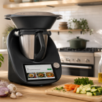 Robot de cocina multifunción con jarra de acero inoxidable rodeado de ingredientes frescos