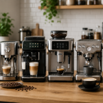 Cocina moderna con varias cafeteras de diferentes tipos, incluyendo modelos superautomáticos, espresso y de cápsulas, sobre una encimera de madera. Guía de las mejores cafeteras disponibles en Amazon España para todos los presupuestos y estilos de café.