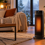 Calefactor cerámico eléctrico encendido en un salón moderno durante el invierno