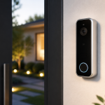 Cámara de seguridad WiFi moderna instalada junto a la puerta de entrada de una casa luminosa