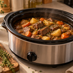 Olla de cocción lenta con un guiso preparado en una cocina moderna