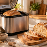 Panificadora automática con una hogaza de pan casero recién hecha en una cocina