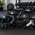 Varias pistolas de masaje de diferentes tamaños junto a accesorios de recuperación en un gimnasio