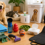 Selección de accesorios de verano para mascotas con juguetes, fuente de agua, alfombrilla refrescante y productos de limpieza