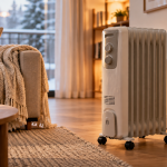 Radiador de aceite eléctrico utilizado para calentar un salón moderno en invierno