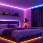 Varias tiras LED inteligentes de colores iluminando un dormitorio y un escritorio moderno
