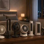 Varios ventiladores silenciosos de torre, pie y sobremesa colocados en un dormitorio moderno durante la noche