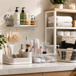 Baño moderno y perfectamente organizado con estanterías, organizadores para lavabo, accesorios de ducha y muebles auxiliares. Selección de los mejores organizadores para baño disponibles en Amazon España.